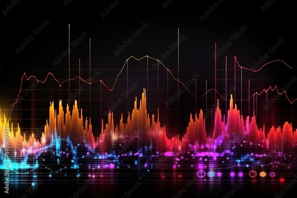 Visualization of sound waves. Abstract futuristic background with colorful glowing neon moving high speed wave lines and bokeh lights. Data transfer concept. Fantastic wallpaper. Generative AI Visualization of sound waves. Abstract futuristic background with colorful glowing neon moving high speed wave lines and bokeh lights. Data transfer concept. Fantastic wallpaper. Generative AI