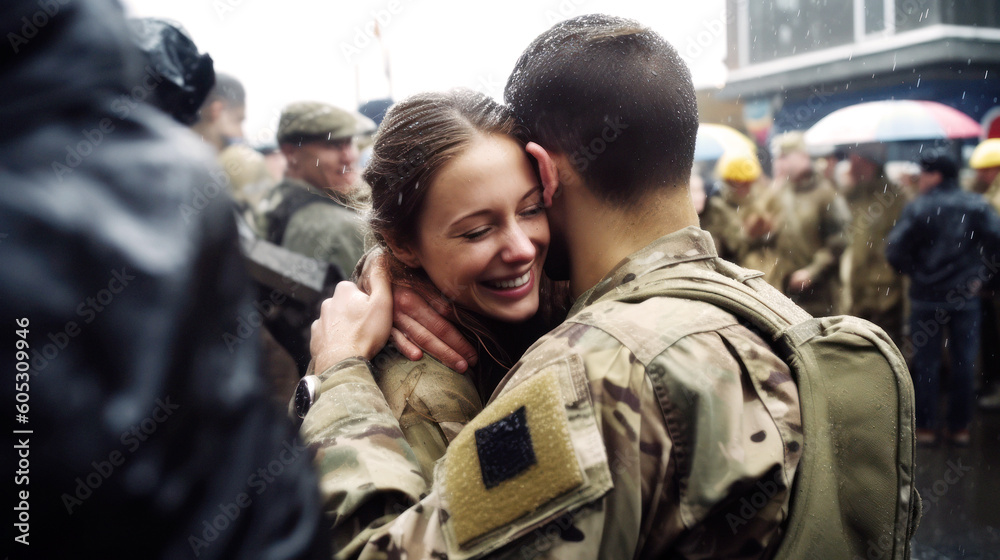 In the gentle glow of dusk, a woman's joyous laughter rings out, echoing in the vast expanse as her soldier husband returns. Their embrace, an intimate dance of love and relief. Generative AI