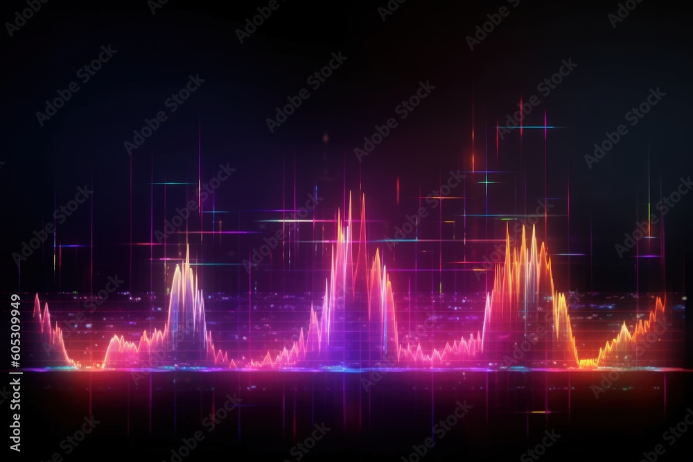 Visualization of sound waves. Abstract futuristic background with colorful glowing neon moving high speed wave lines and bokeh lights.  Data transfer concept. Fantastic wallpaper. Generative AI