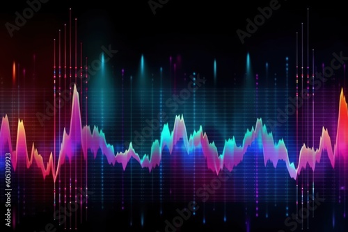 Visualization of sound waves. Abstract futuristic background with colorful glowing neon moving high speed wave lines and bokeh lights. Data transfer concept. Fantastic wallpaper. Generative AI