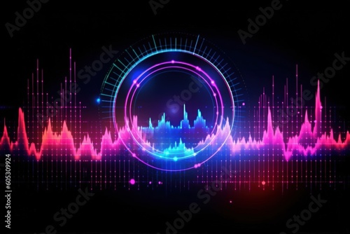 Visualization of sound waves. Abstract futuristic background with colorful glowing neon moving high speed wave lines and bokeh lights.  Data transfer concept. Fantastic wallpaper. Generative AI
