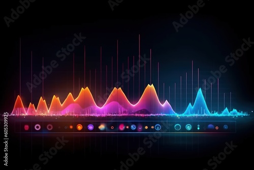 Visualization of sound waves. Abstract futuristic background with colorful glowing neon moving high speed wave lines and bokeh lights.  Data transfer concept. Fantastic wallpaper. Generative AI