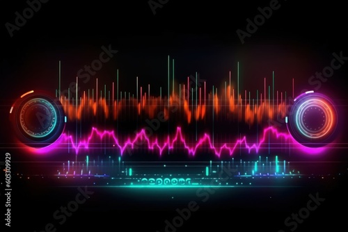 Visualization of sound waves. Abstract futuristic background with colorful glowing neon moving high speed wave lines and bokeh lights.  Data transfer concept. Fantastic wallpaper. Generative AI