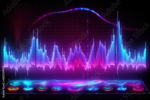 Visualization of sound waves. Abstract futuristic background with colorful glowing neon moving high speed wave lines and bokeh lights.  Data transfer concept. Fantastic wallpaper. Generative AI