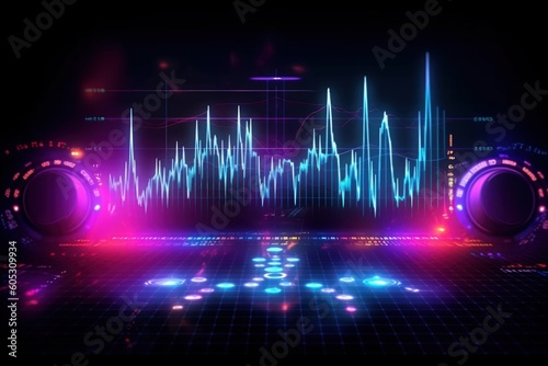 Visualization of sound waves. Abstract futuristic background with colorful glowing neon moving high speed wave lines and bokeh lights.  Data transfer concept. Fantastic wallpaper. Generative AI