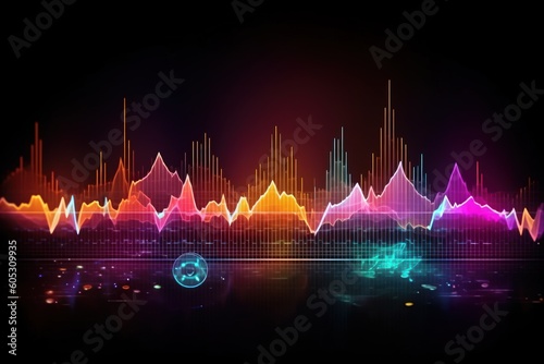 Visualization of sound waves. Abstract futuristic background with colorful glowing neon moving high speed wave lines and bokeh lights.  Data transfer concept. Fantastic wallpaper. Generative AI
