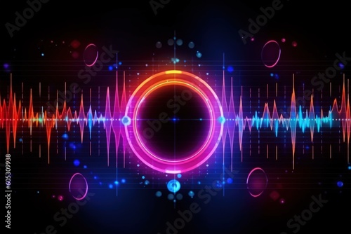 Visualization of sound waves. Abstract futuristic background with colorful glowing neon moving high speed wave lines and bokeh lights.  Data transfer concept. Fantastic wallpaper. Generative AI