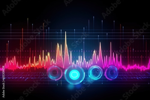 Visualization of sound waves. Abstract futuristic background with colorful glowing neon moving high speed wave lines and bokeh lights.  Data transfer concept. Fantastic wallpaper. Generative AI