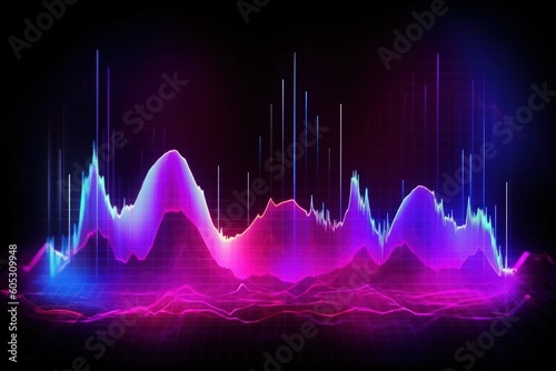 Visualization of sound waves. Abstract futuristic background with colorful glowing neon moving high speed wave lines and bokeh lights.  Data transfer concept. Fantastic wallpaper. Generative AI