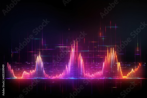 Visualization of sound waves. Abstract futuristic background with colorful glowing neon moving high speed wave lines and bokeh lights.  Data transfer concept. Fantastic wallpaper. Generative AI