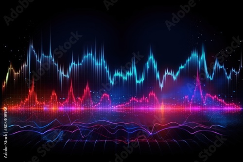 Visualization of sound waves. Abstract futuristic background with colorful glowing neon moving high speed wave lines and bokeh lights.  Data transfer concept. Fantastic wallpaper. Generative AI