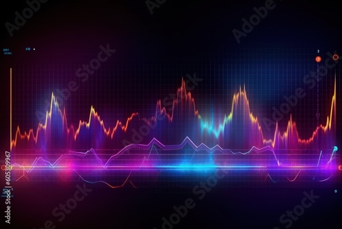 Visualization of sound waves. Abstract futuristic background with colorful glowing neon moving high speed wave lines and bokeh lights.  Data transfer concept. Fantastic wallpaper. Generative AI