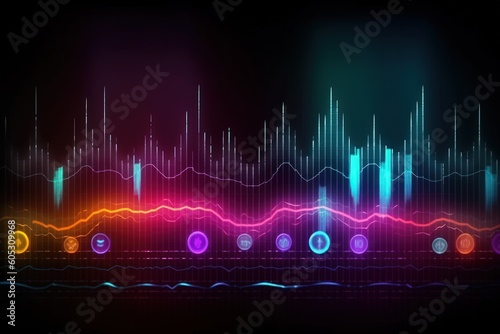 Visualization of sound waves. Abstract futuristic background with colorful glowing neon moving high speed wave lines and bokeh lights.  Data transfer concept. Fantastic wallpaper. Generative AI