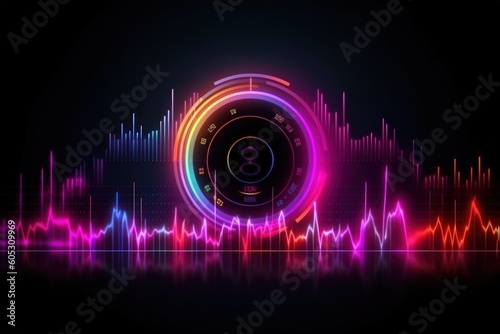 Visualization of sound waves. Abstract futuristic background with colorful glowing neon moving high speed wave lines and bokeh lights.  Data transfer concept. Fantastic wallpaper. Generative AI