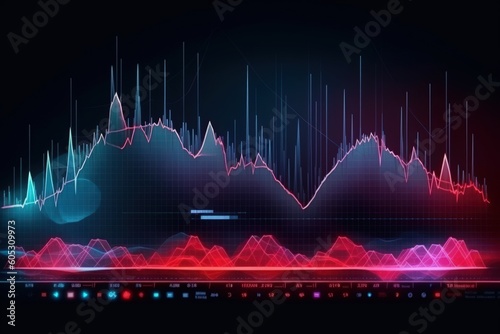 Visualization of sound waves. Abstract futuristic background with colorful glowing neon moving high speed wave lines and bokeh lights.  Data transfer concept. Fantastic wallpaper. Generative AI