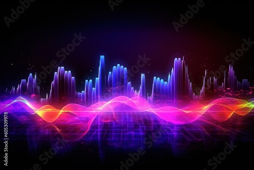 Visualization of sound waves. Abstract futuristic background with colorful glowing neon moving high speed wave lines and bokeh lights.  Data transfer concept. Fantastic wallpaper. Generative AI © Katablas