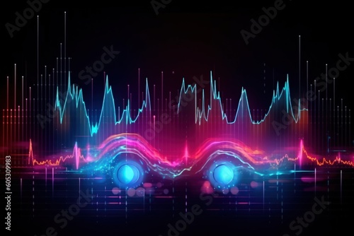 Visualization of sound waves. Abstract futuristic background with colorful glowing neon moving high speed wave lines and bokeh lights.  Data transfer concept. Fantastic wallpaper. Generative AI