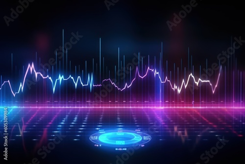 Visualization of sound waves. Abstract futuristic background with colorful glowing neon moving high speed wave lines and bokeh lights.  Data transfer concept. Fantastic wallpaper. Generative AI