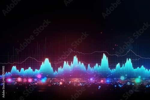 Visualization of sound waves. Abstract futuristic background with colorful glowing neon moving high speed wave lines and bokeh lights.  Data transfer concept. Fantastic wallpaper. Generative AI