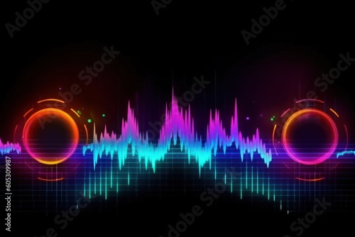 Visualization of sound waves. Abstract futuristic background with colorful glowing neon moving high speed wave lines and bokeh lights.  Data transfer concept. Fantastic wallpaper. Generative AI