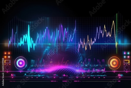 Visualization of sound waves. Abstract futuristic background with colorful glowing neon moving high speed wave lines and bokeh lights.  Data transfer concept. Fantastic wallpaper. Generative AI