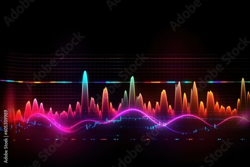Visualization of sound waves. Abstract futuristic background with colorful glowing neon moving high speed wave lines and bokeh lights.  Data transfer concept. Fantastic wallpaper. Generative AI