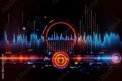 Visualization of sound waves. Abstract futuristic background with colorful glowing neon moving high speed wave lines and bokeh lights.  Data transfer concept. Fantastic wallpaper. Generative AI