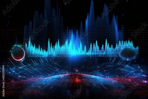 Visualization of sound waves. Abstract futuristic background with colorful glowing neon moving high speed wave lines and bokeh lights.  Data transfer concept. Fantastic wallpaper. Generative AI