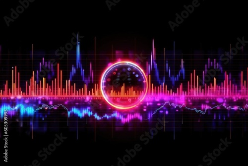 Visualization of sound waves. Abstract futuristic background with colorful glowing neon moving high speed wave lines and bokeh lights. Data transfer concept. Fantastic wallpaper. Generative AI