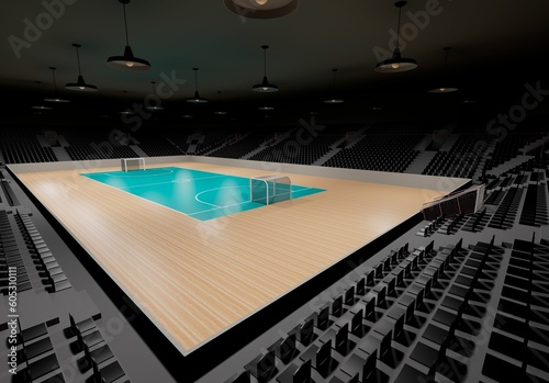 Vászonkép 3d rendering of a futsal pavilion, indoors sports stadium with empty seats all a