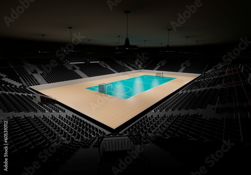 3d rendering of a futsal pavilion, indoors sports stadium with empty seats all around the court photo