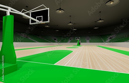 Neat empty basketball court with green seats and sidelines