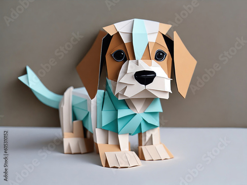 Cute Puppy Dog in Paper art, paper cut style illustration with soft elegant modern Background, Generative AI © Johan Wahyudi