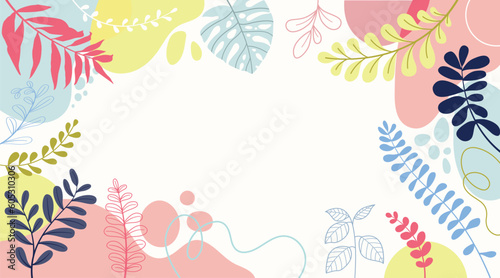 Design banner frame flower Spring background with beautiful. flower background for design. Colorful background with tropical plants. Place for your text.