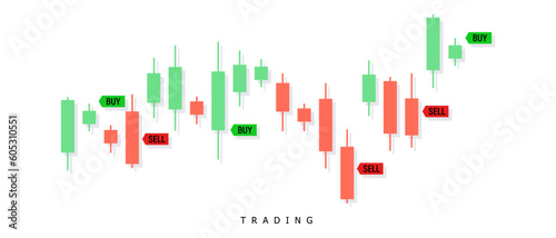 Trading chart illustration with candles on white background. Rise and fall graph. Banner for advertising, website and application. Vector EPS 10