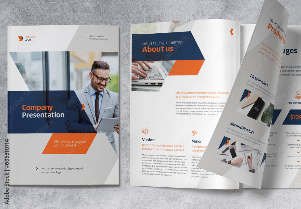 Company Profile with Blue and Orange Accents Stock Template | Adobe Stock