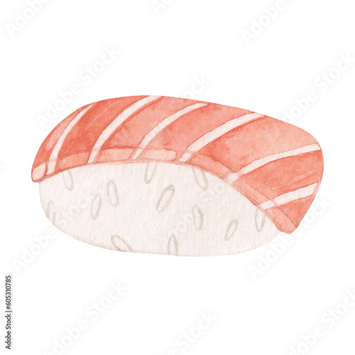 Watercolor drawing of sushi with salmon. Japanese cuisine. Asian food. Hand drawn.