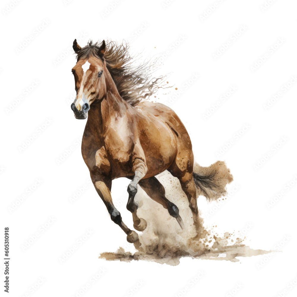 Obraz premium Running horse watercolor clipart. Generative AI illustration