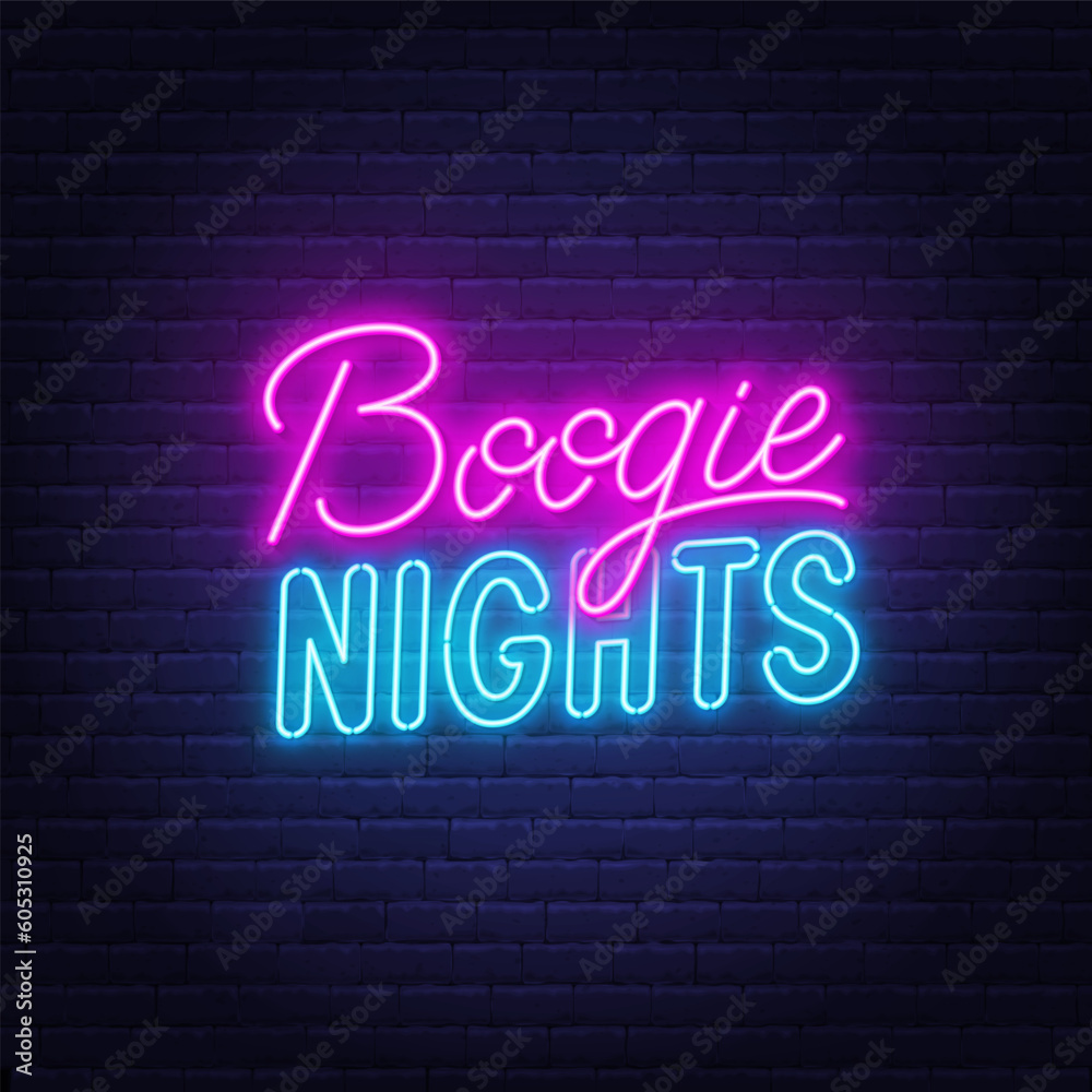 Boogie Night neon lettering on brick wall background.