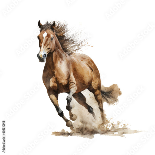 Running horse watercolor clipart. Generative AI illustration
