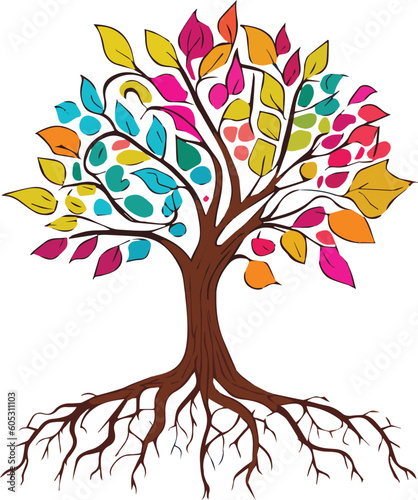 Abstract tree with roots and colorful leaves. Isolated on white background. Flat style. Vector illustration.