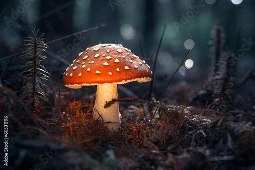 Poisonous fly agaric mushroom in forest. Generative AI illustration