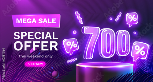 Mega sale special offer, Neon 700 off sale banner. Sign board promotion. Vector illustration