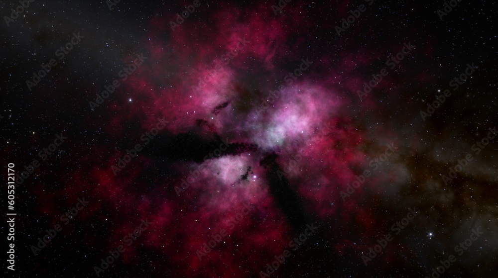 Cosmic nebula in space among stars and galaxies. Gas dust clouds nebula in outer space. Birth and expansion of universe. Formation of stars and planets from the nebula. 3d render