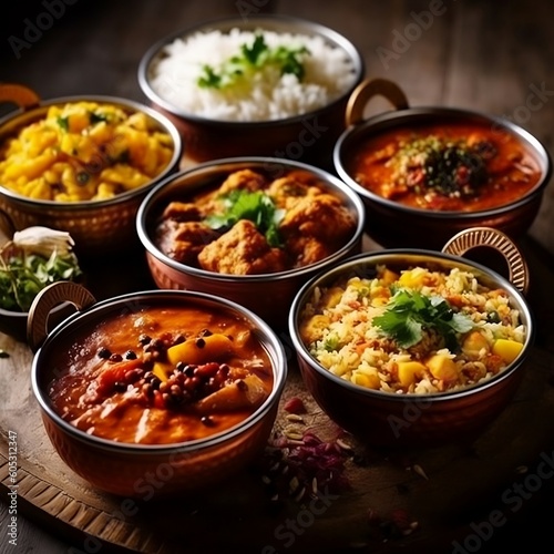 Indian Food Delights Curries and Rice Selection. Generative AI