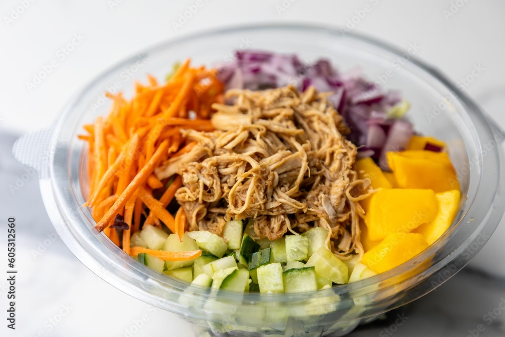 Closeup of bowl with meat and different vegetables Closeup of bowl with meat and different vegetables