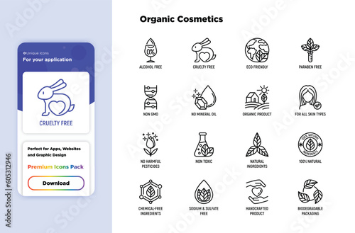 Organic cosmetics set of thin line icons for product packaging. Cruelty free, 0% alcohol, natural ingredients, paraben free, eco friendly, no mineral oil, non GMO. Modern vector illustration.