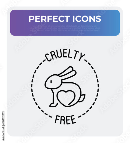 Cruelty free sign. Thin line icon of rabbit with heart. Symbol for beauty product. Modern vector illustration.