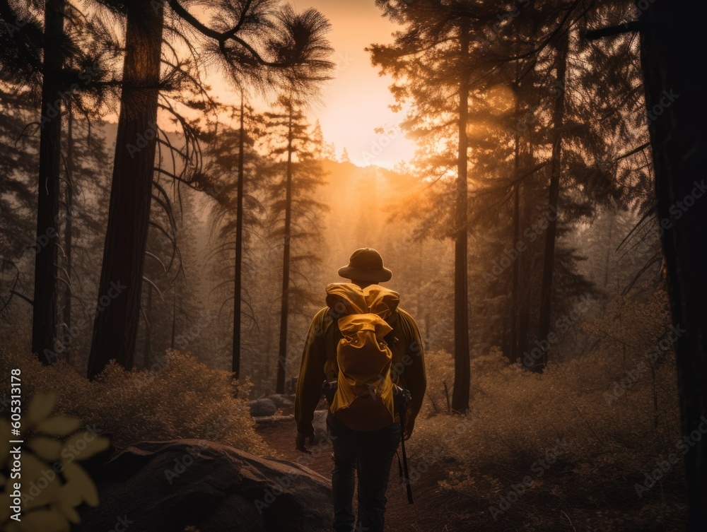A person with a backpack walking through a forest starush Foto Poster Wandbilder bei EuroPosters