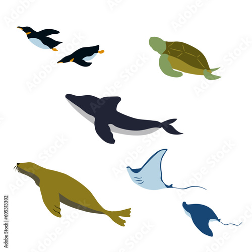 水族館で暮らす生き物のイラストセット